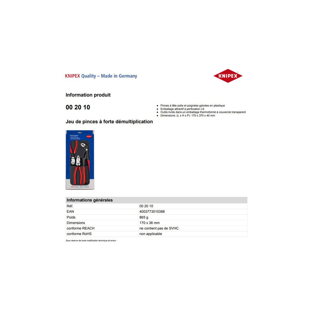  Knipex Jeu De 3 Pinces à Forte Démultiplication (00 20 10)
