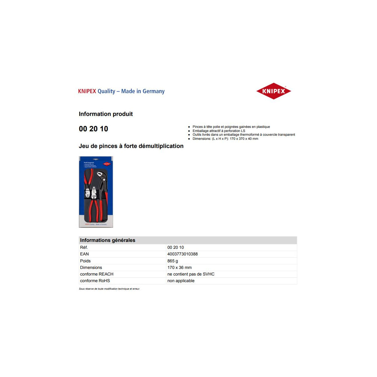  Knipex Jeu De 3 Pinces à Forte Démultiplication (00 20 10)