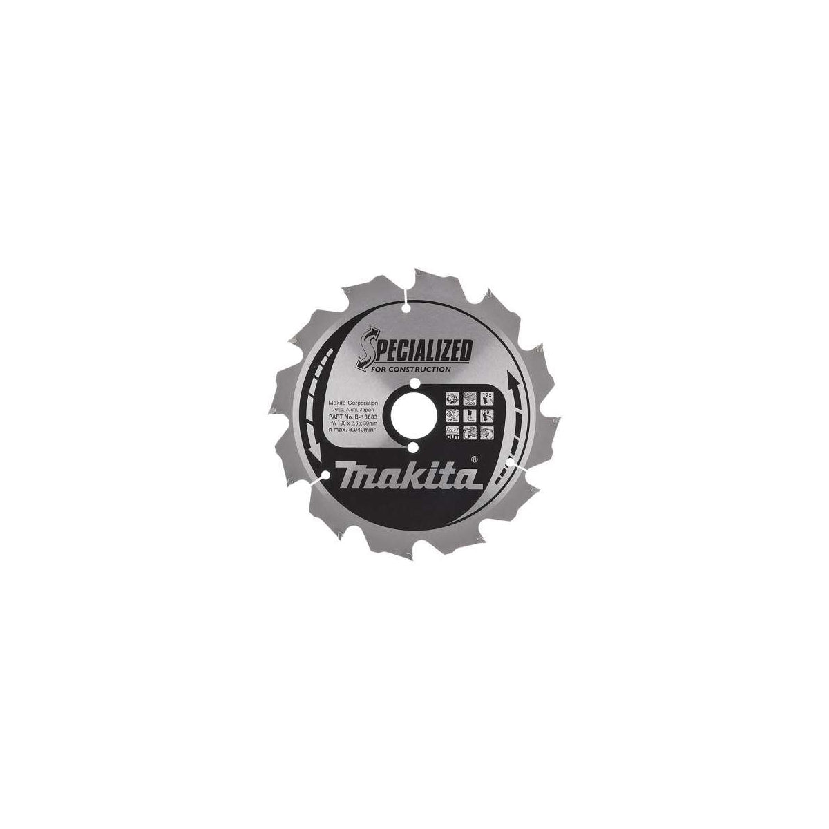  Makita B-33554 Lame Carbure Bois ø190x30x2.6mm 12dts ''Specialized''