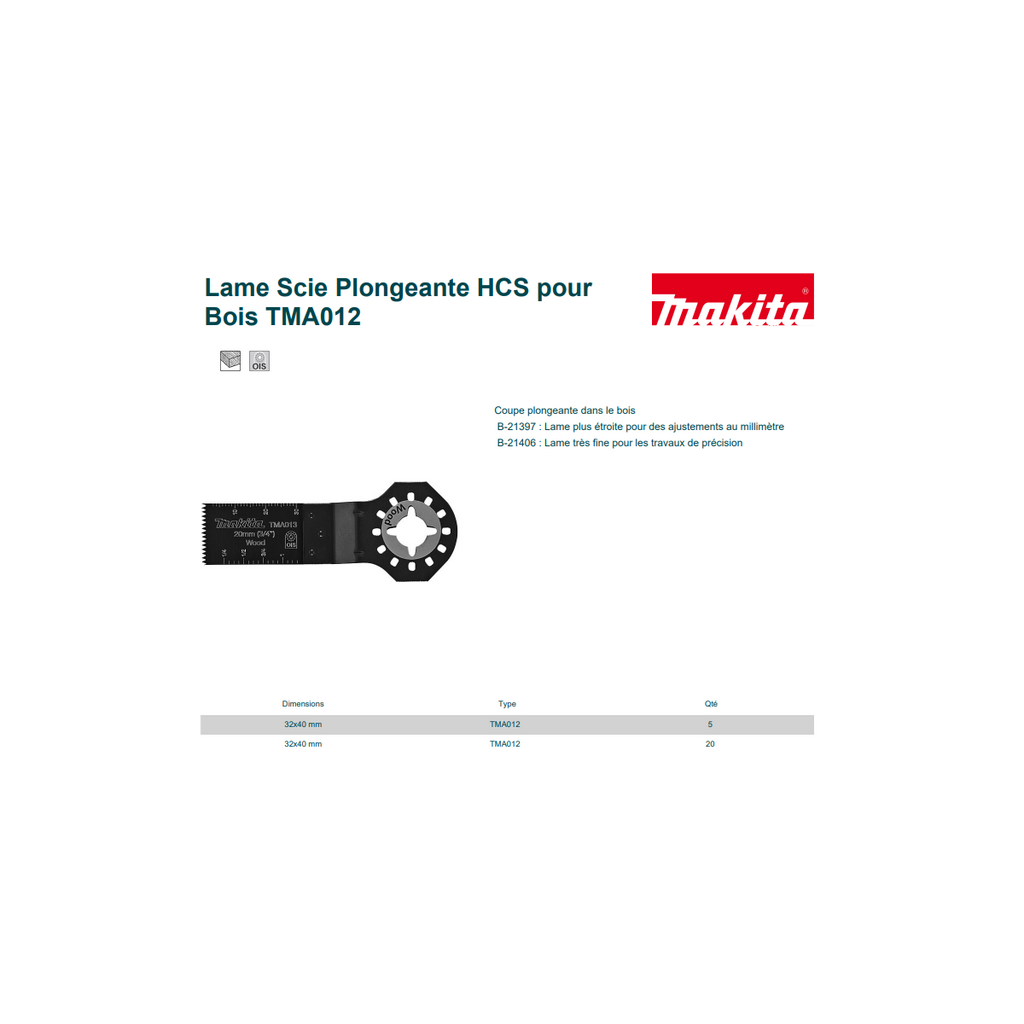  Makita B-34643 Lot De X20 Lame Scie Plongeante Type TMA012 HCS Pour Bois (32x40mm)