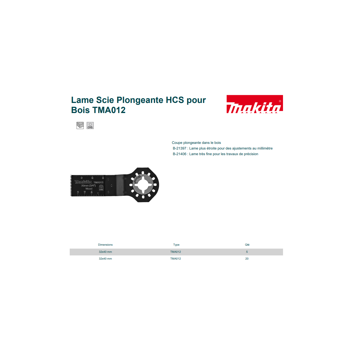  Makita B-34643 Lot De X20 Lame Scie Plongeante Type TMA012 HCS Pour Bois (32x40mm)