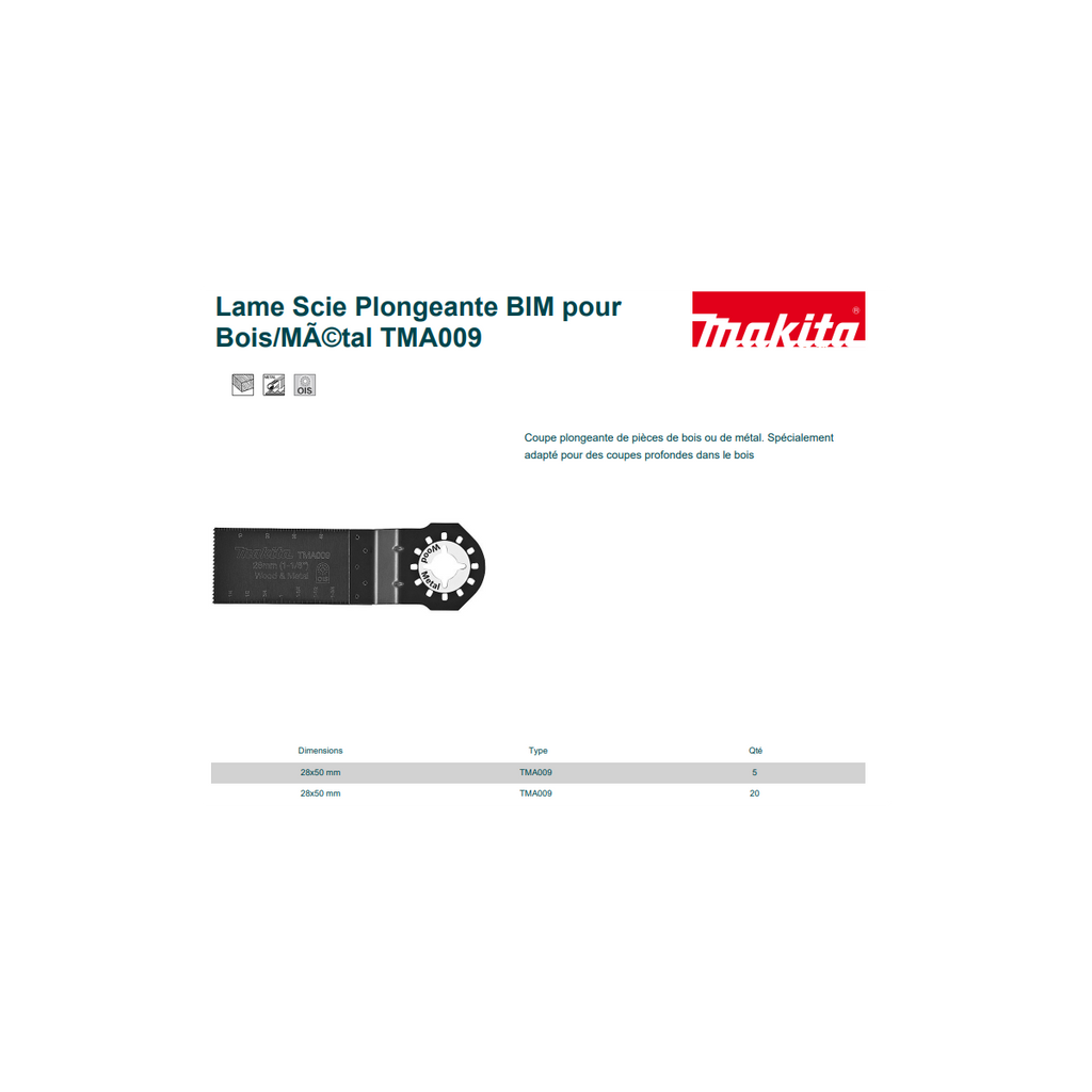  Makita B-34665 Lot De X20 Lames Scie Plongeante BIM Type TMA009 Pour Bois Et Métal (28x50mm)