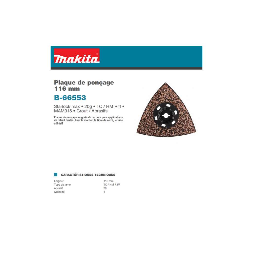  Makita B-66553 Plateau De Ponçage Carbure Starlock Max (116mm- 20g)