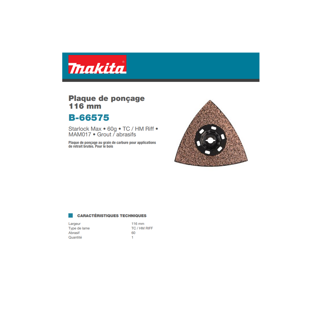  Makita B-66575 Plateau De Ponçage Carbure Starlock Max 116mm