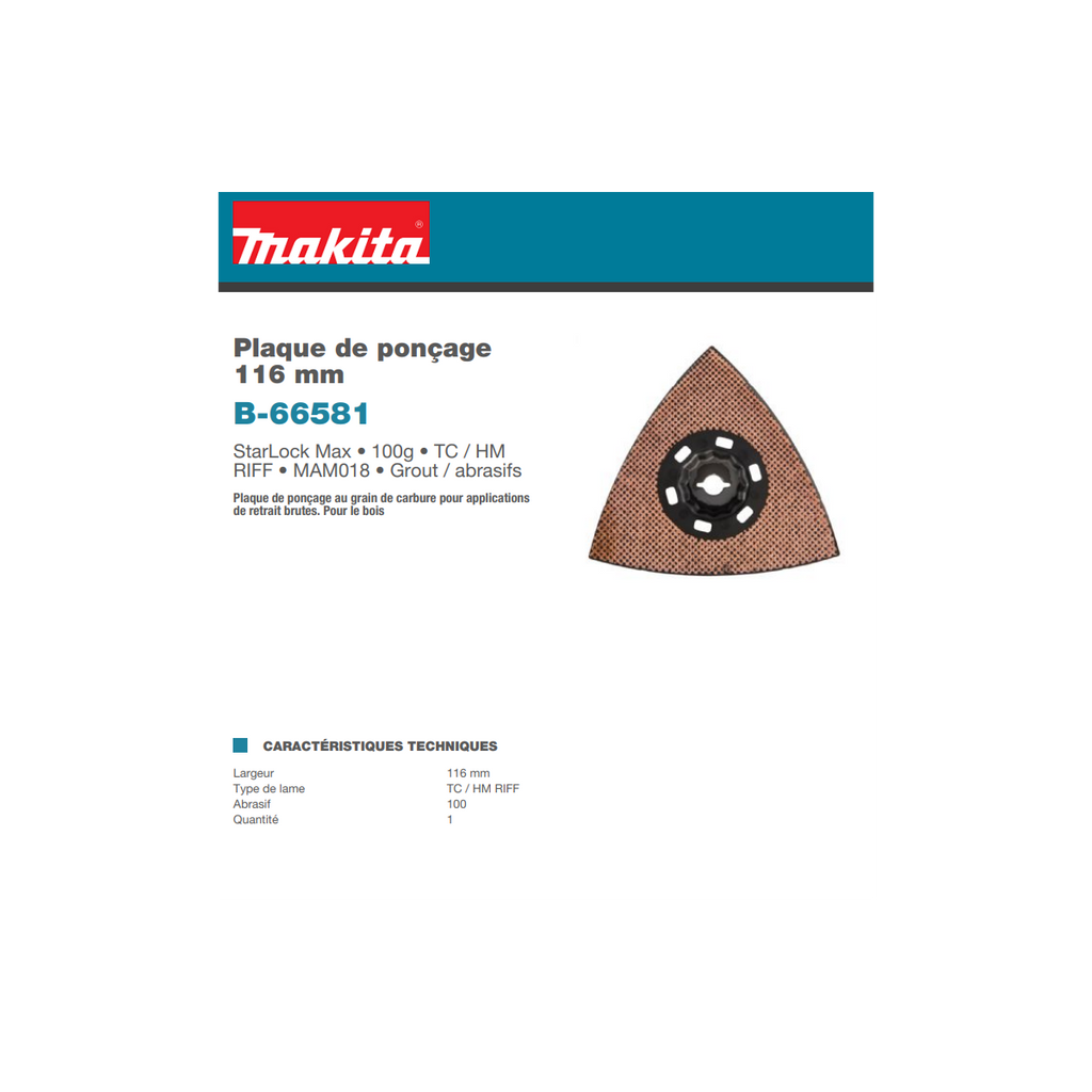  Makita B-66581 Plateau De Ponçage Carbure Starlock Max 116mm