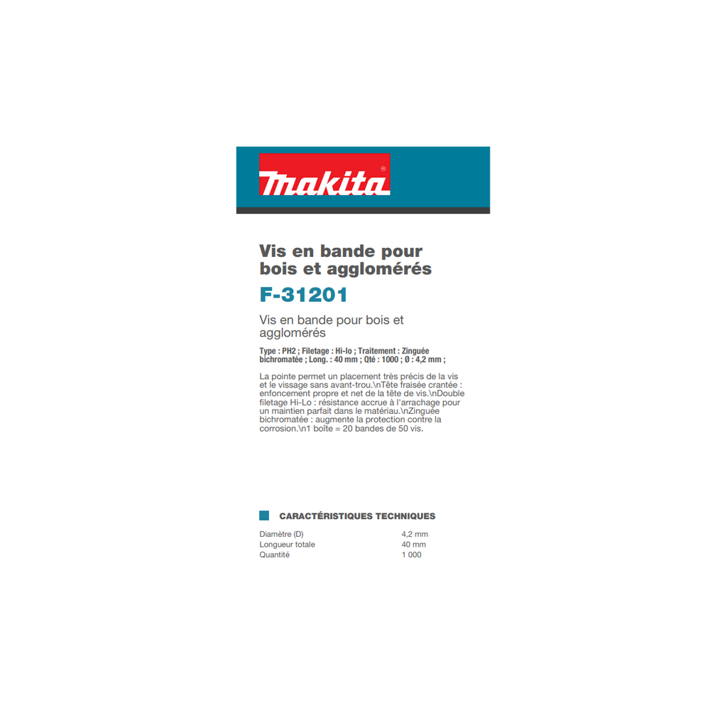  Makita F-31201 Vis En Bande 4.2x40mm Pour Bois Et Agglomérés