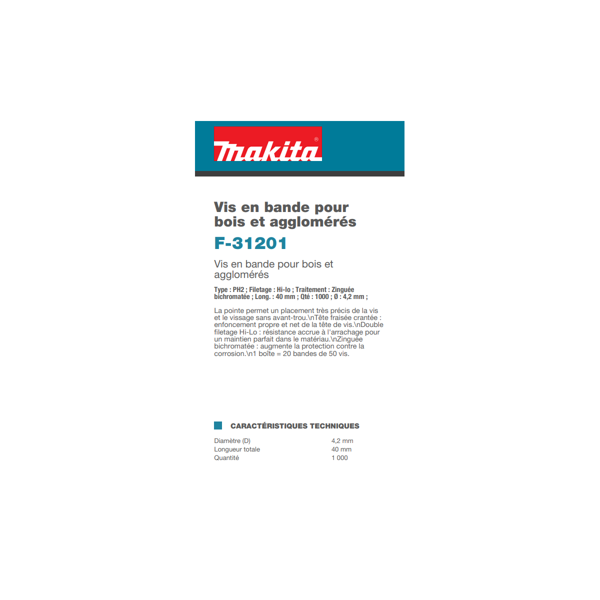  Makita F-31201 Vis En Bande 4.2x40mm Pour Bois Et Agglomérés
