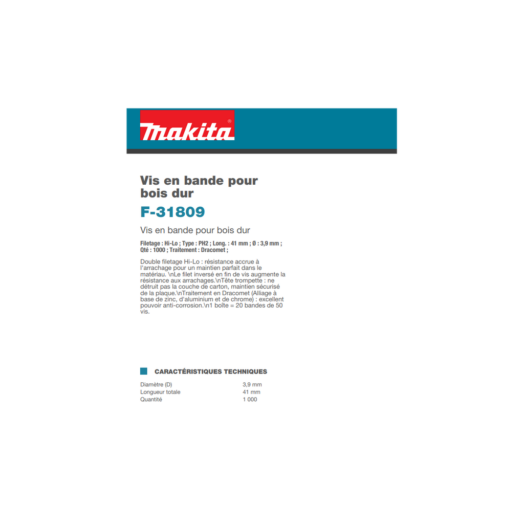  Makita F-31809 Vis En Bande 3.9x41mm Pour Bois Dur