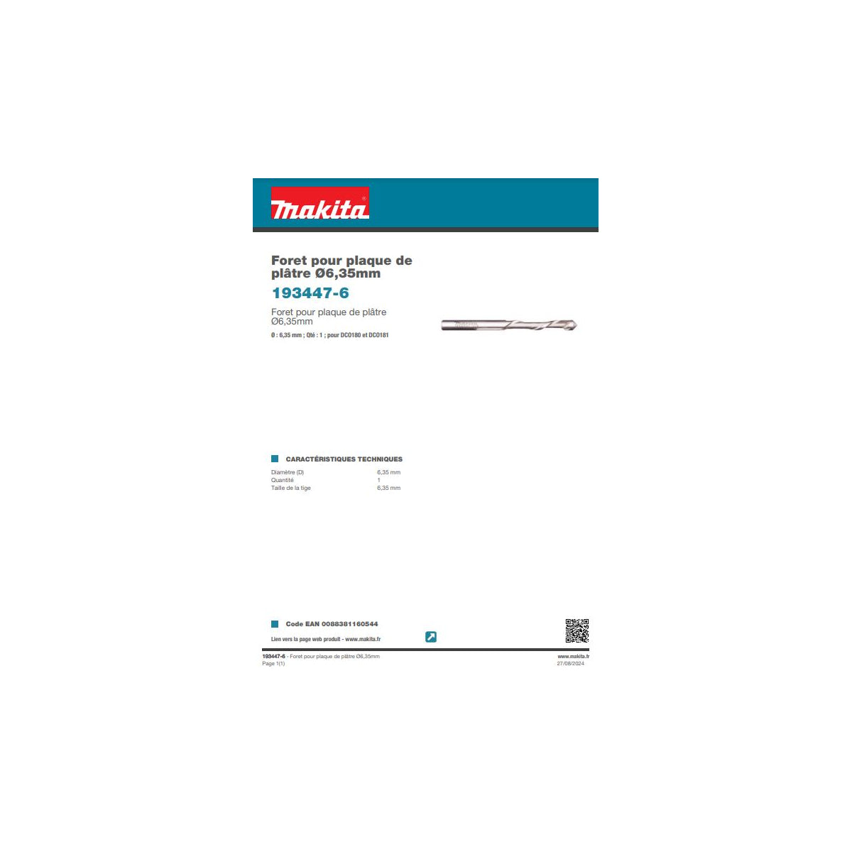  Makita Foret Pour Plaque De Plâtre ø6.35mm 193447-6