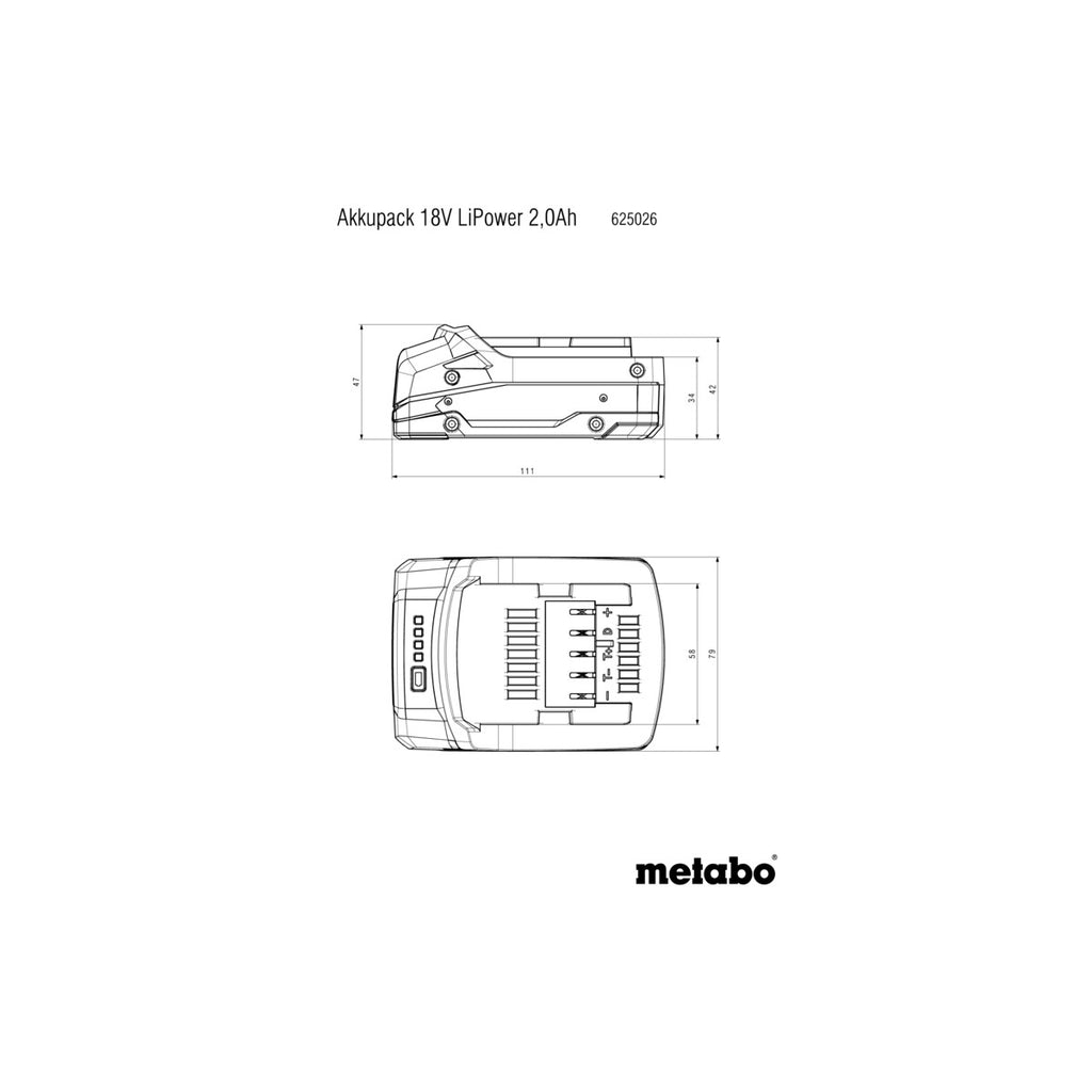  Metabo Batterie Li-ion 18V 2.0Ah Li-Power Avec Témoin De Charge (625026000)