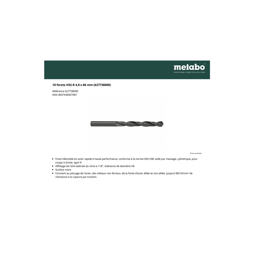  Metabo Lot De X10 Forets Métal HSS-R 4,8 X 86 MM (627738000)