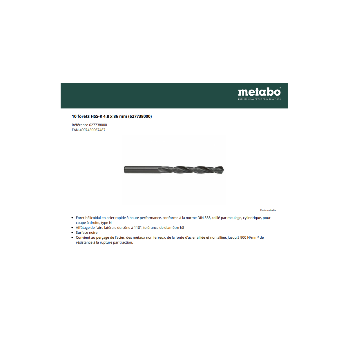  Metabo Lot De X10 Forets Métal HSS-R 4,8 X 86 MM (627738000)