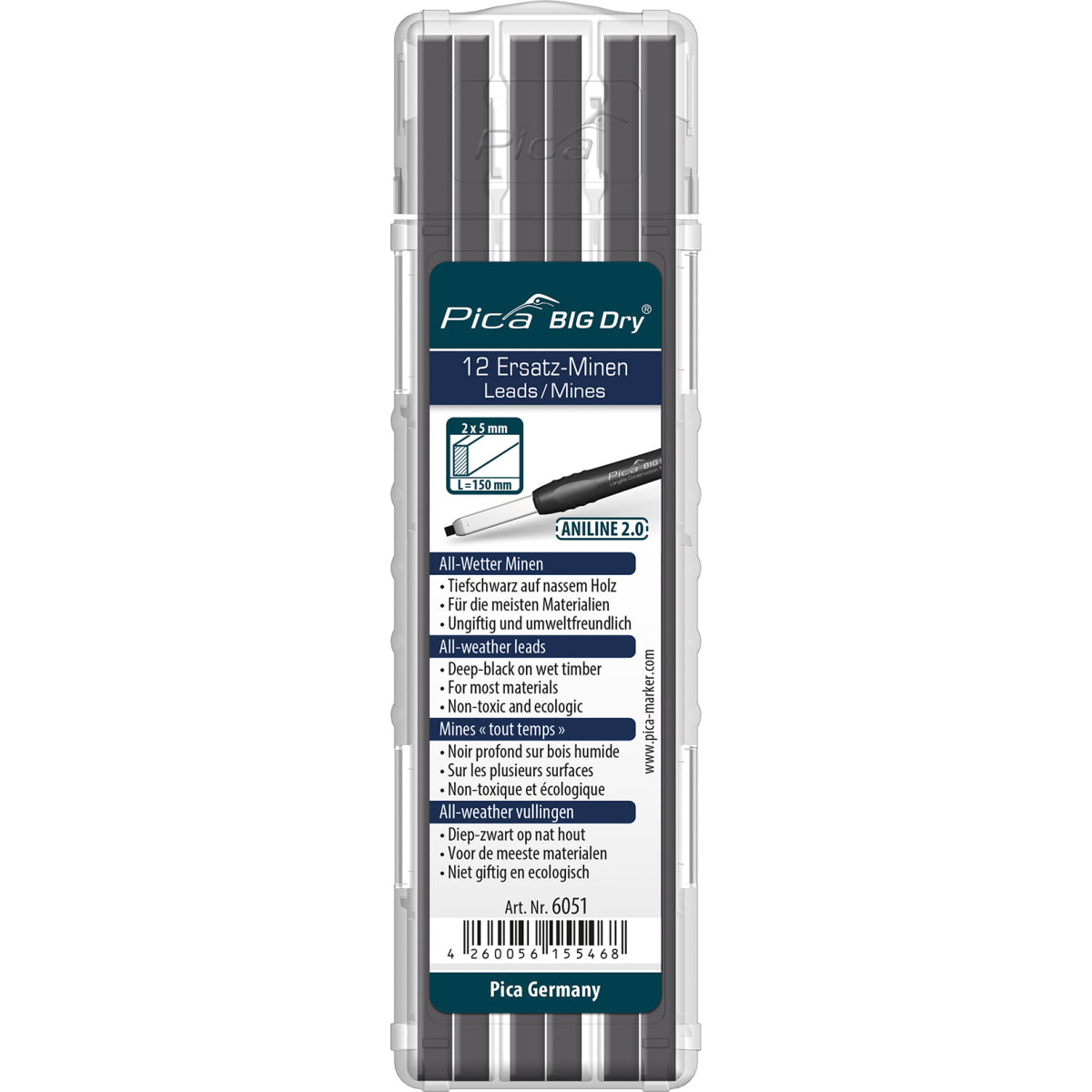  Pica BIG Dry 12 Mines Graphite 2B De Rechange Toutes Saisons 6051