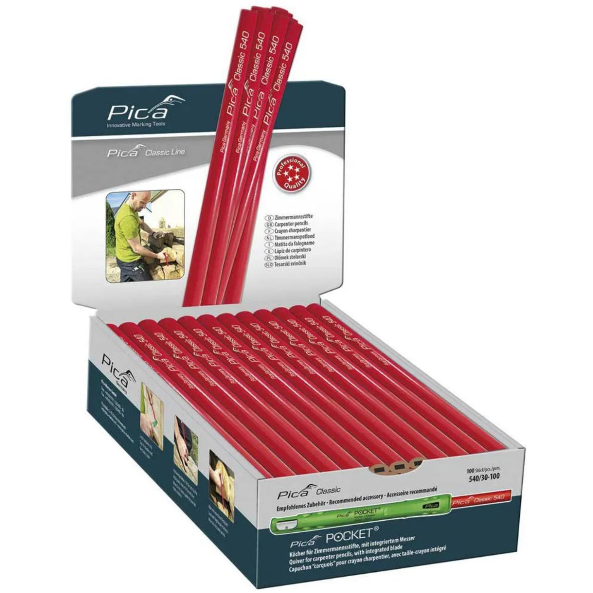  Pica Classic 540 Boite De 100 Crayons De Charpentier, Ovale, Rouge, 30cm 540/30-100