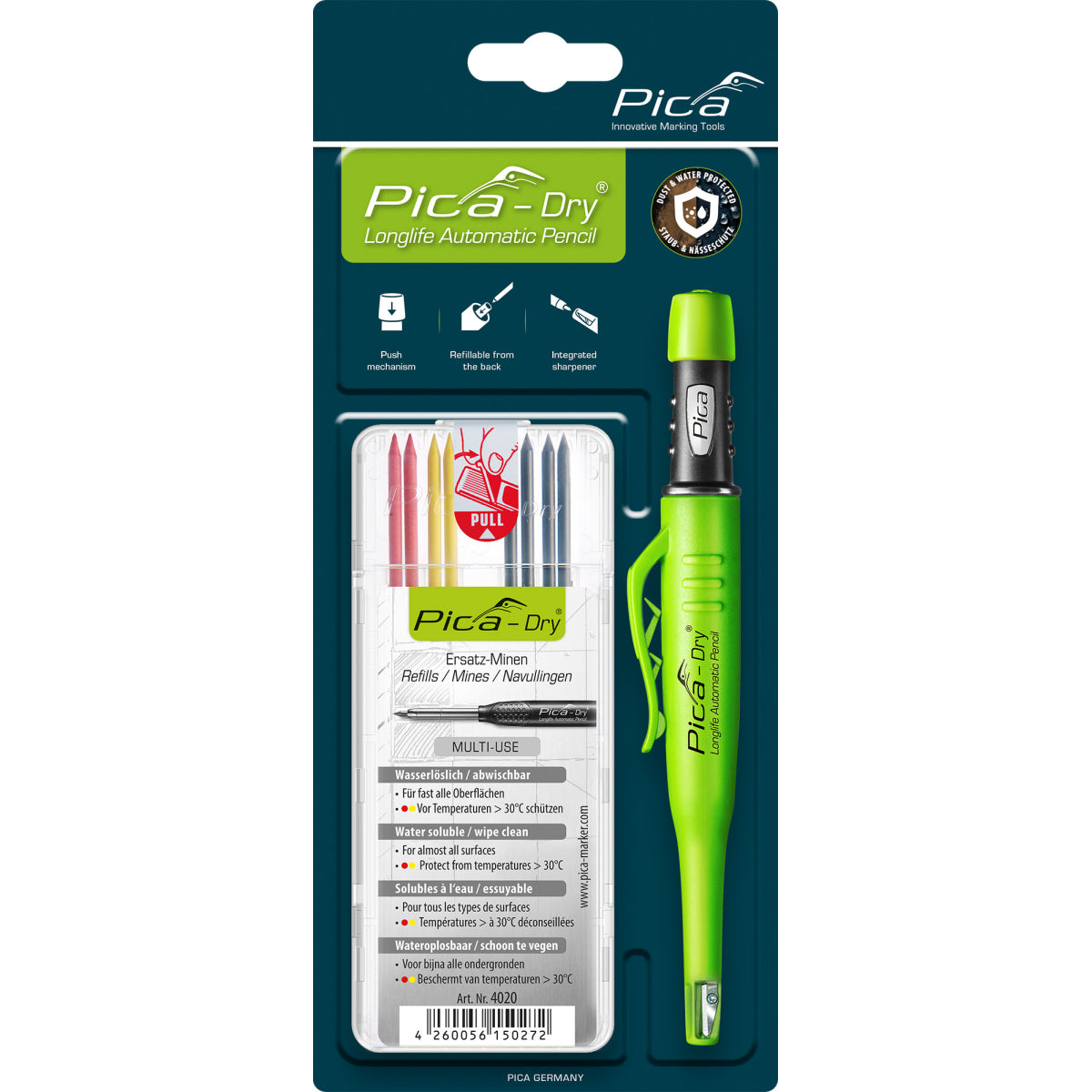  Pica DRY Set Crayon De Chantier Longlife 3030 & Mines De Rechange 30402