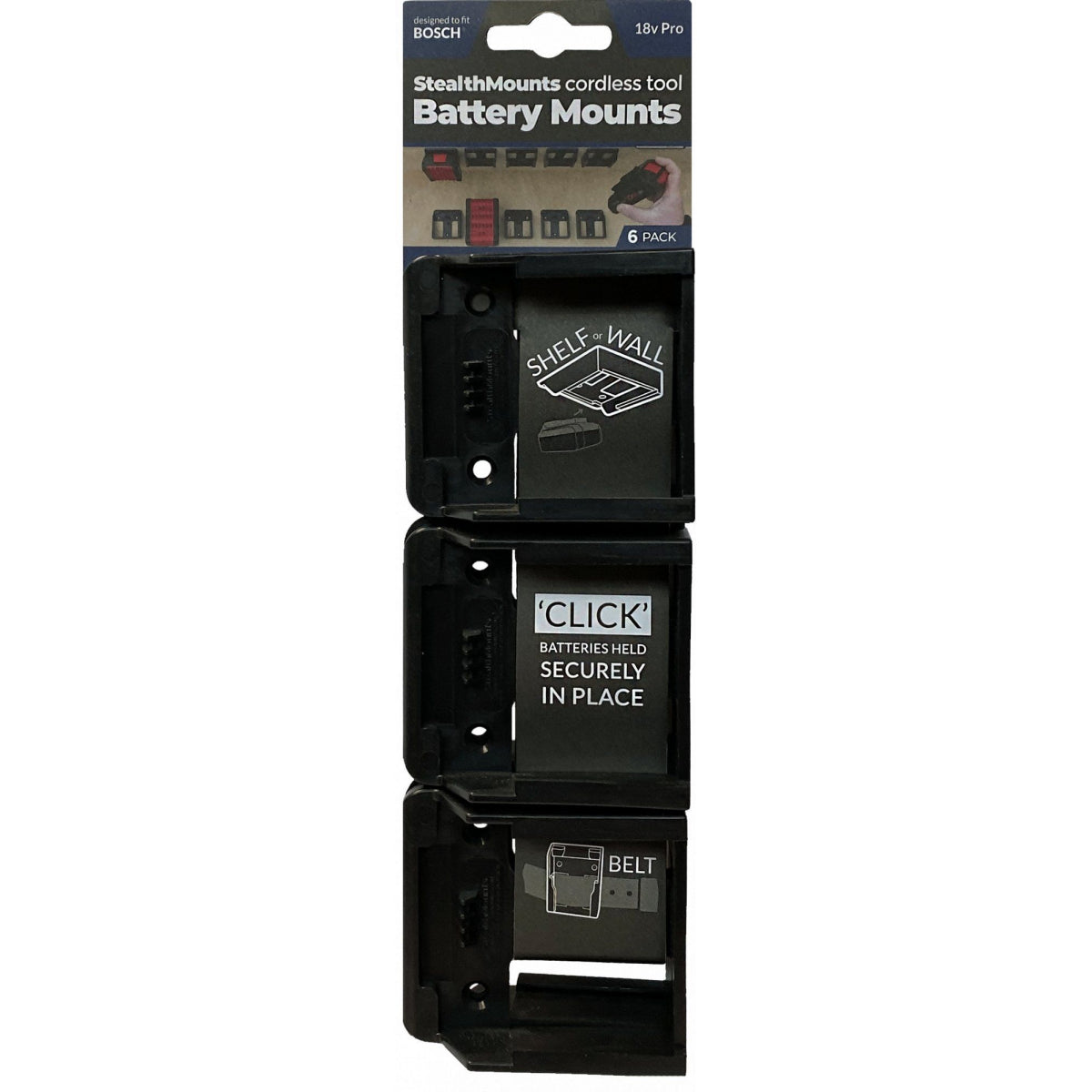  StealthMounts Supports De Batterie Bosch 18v 6-pack NOIR BM-BO18-6