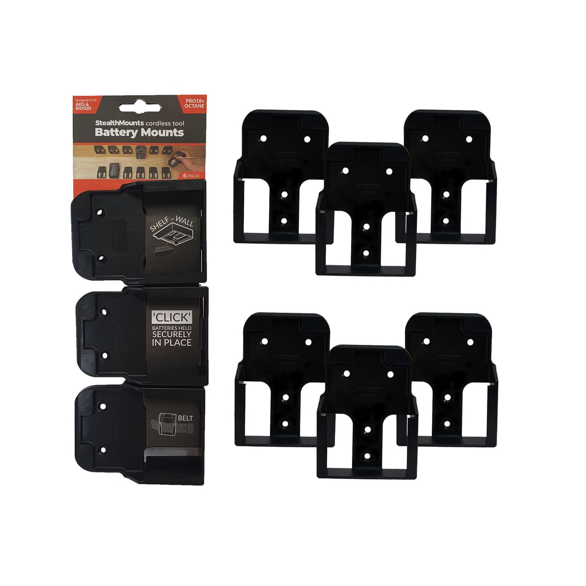  StealthMounts Supports De Batteries AEG & Ridgid 18v 6-pack NOIR BM-RG18-BLK-6
