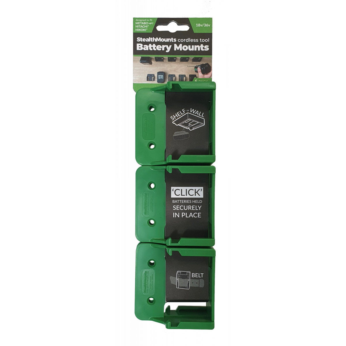  StealthMounts Supports De Batteries Hikoki, Hitachi 18V 6-pack VERT BM-MHH18-GRN-6