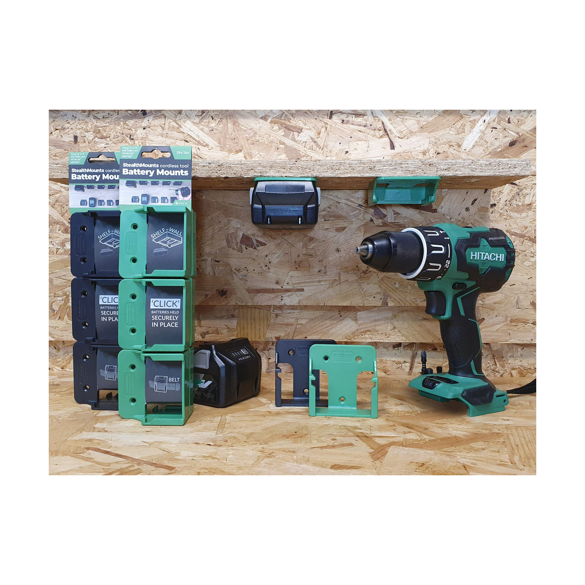  StealthMounts Supports De Batteries Hikoki, Hitachi 18V 6-pack VERT BM-MHH18-GRN-6