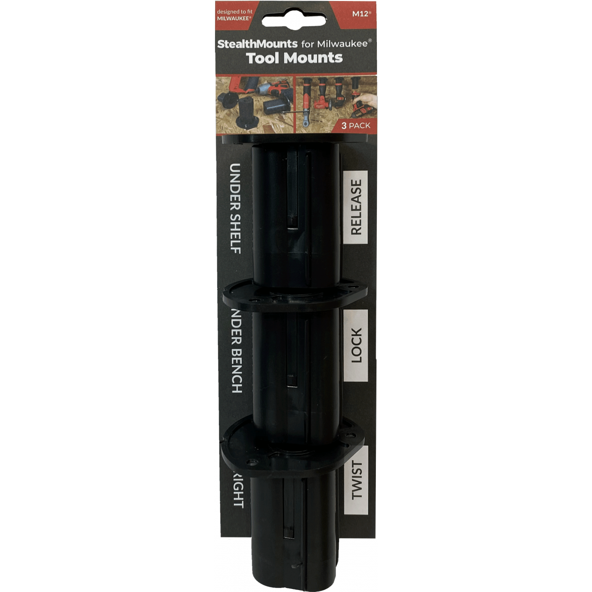  StealthMounts Supports De Machines Milwaukee 12v 3-pack NOIR TM-MW12-BLK-3