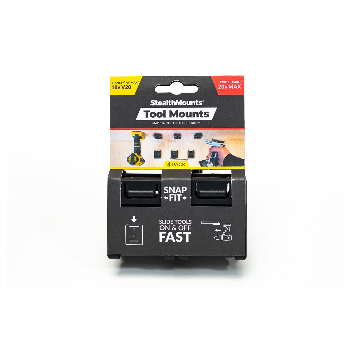  StealthMounts Supports De Machines Stanley FatMax 18V/20V & Porter Cable 20V 4-pack NOIR TM-STPC-BLK-4